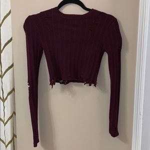 Distressed ripped wine red crop top